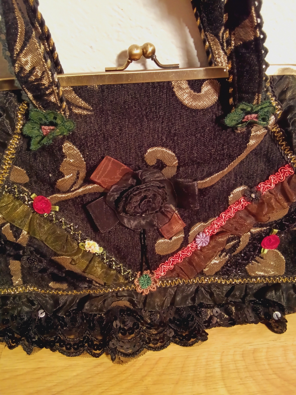 Vintage Chiflower  Lace Tapestry Ribbon Metal Frame Bag Boho Cottagecore  Purse - Picture 5 of 16